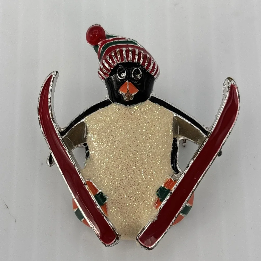 Vintage Snowman Penguin On Skis Brooch Pin Enamel Glittery Christmas
